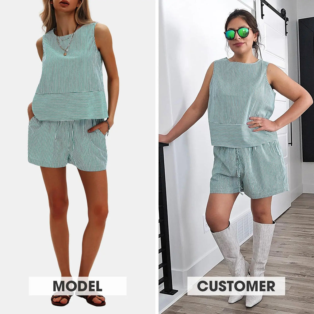 2025 New European and American Style Store Women's Summer 2-Piece Set Sleeveless Top and Shorts Striped Sports