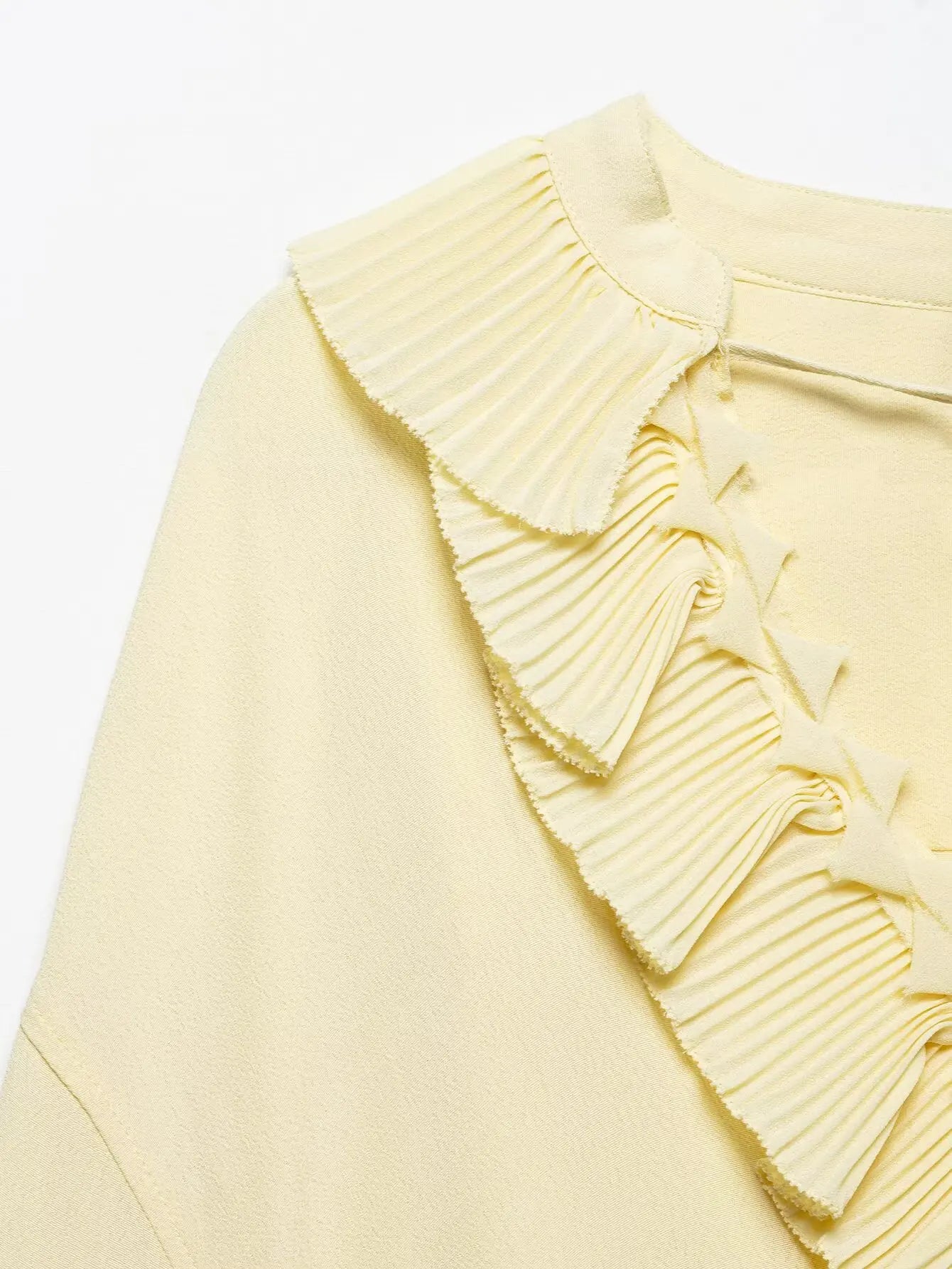 TRAFZA Female Summer Casual Chic Shirts Light Yellow V-Neck Long Sleeves Tierred Decoration Lace-Up Women's Fashion Blouses