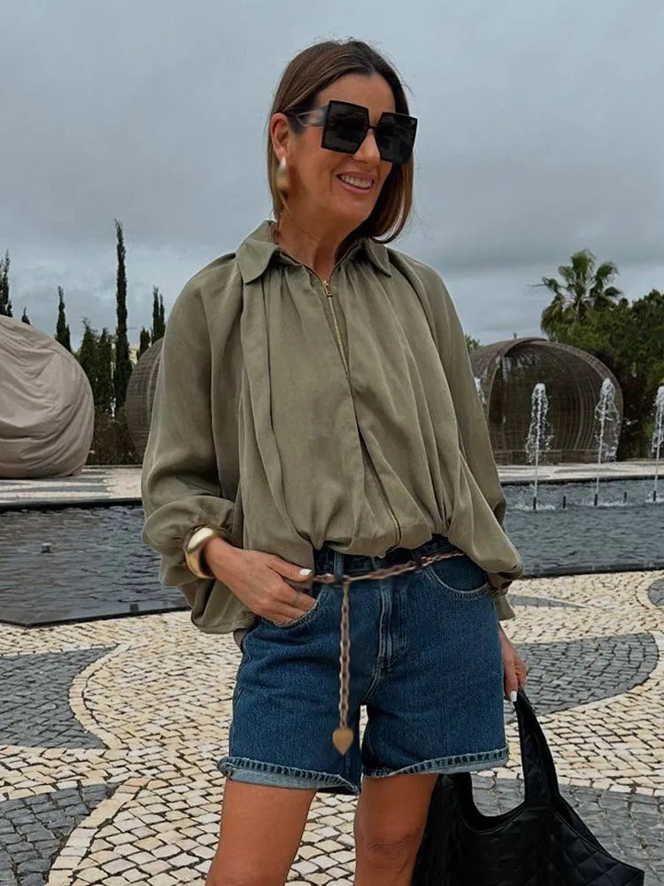 TRAFZA Spring Woman Elegant Chic Zipper Design Solid Casual Coat Women Lapel Bat Sleeve Pleated Decoration Loose Jacket Top