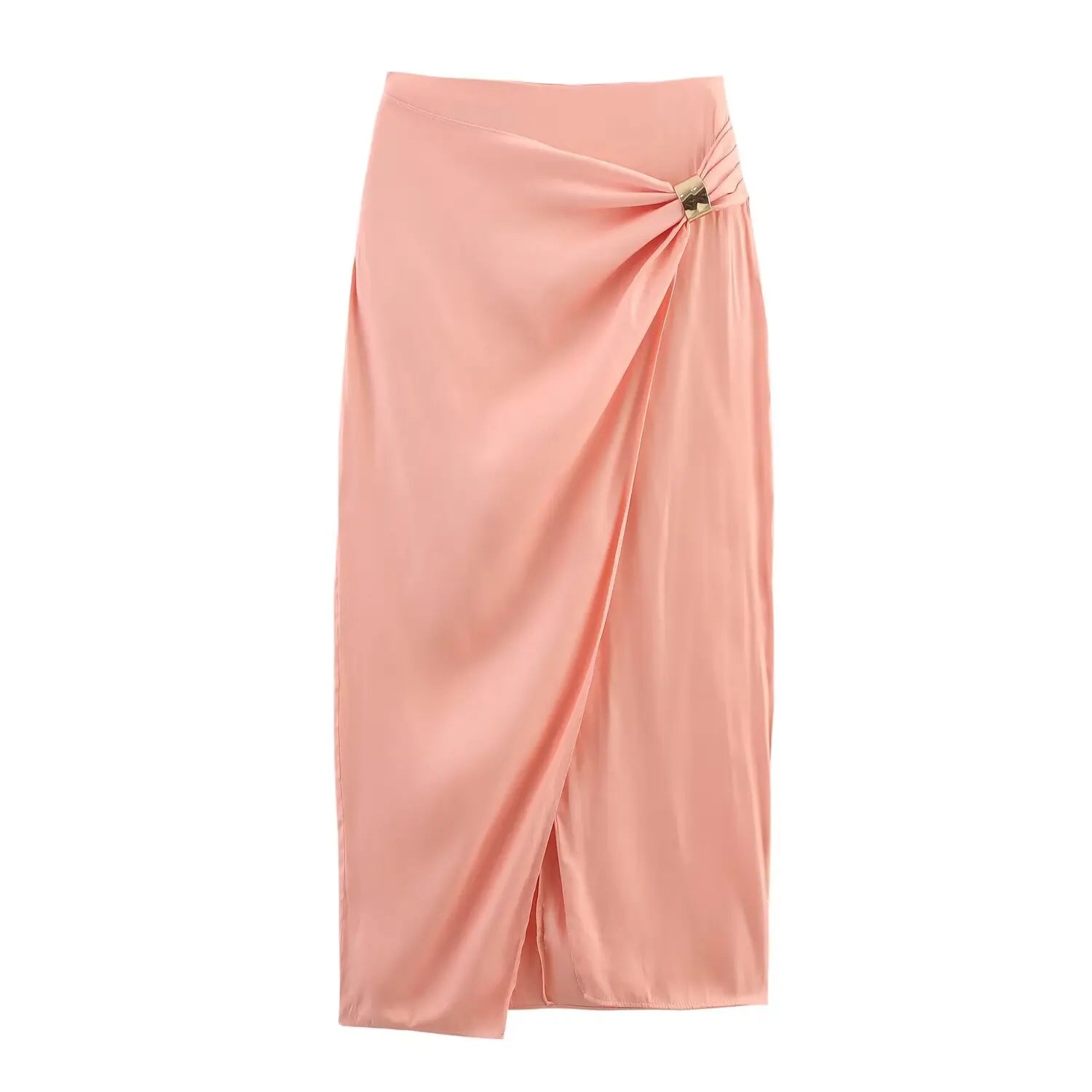 TRAFZA Women's Fashion Golden Inlay Decorate Backless Satin Texture Hanging Neck Collar Top+Midi Back Zipper Slit Skirt Suit
