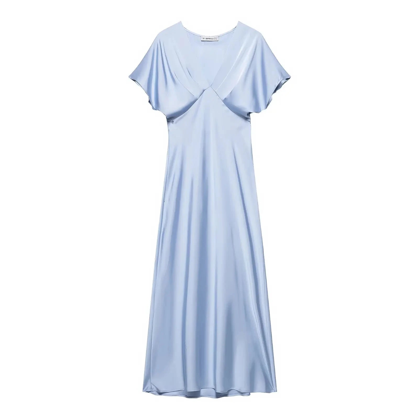 TRAFZA Summer Causal Silk Satin Texture Dresses For Women Pleated Short Sleeves Vintage V-neck Summer Pajama Style Midi Dresses