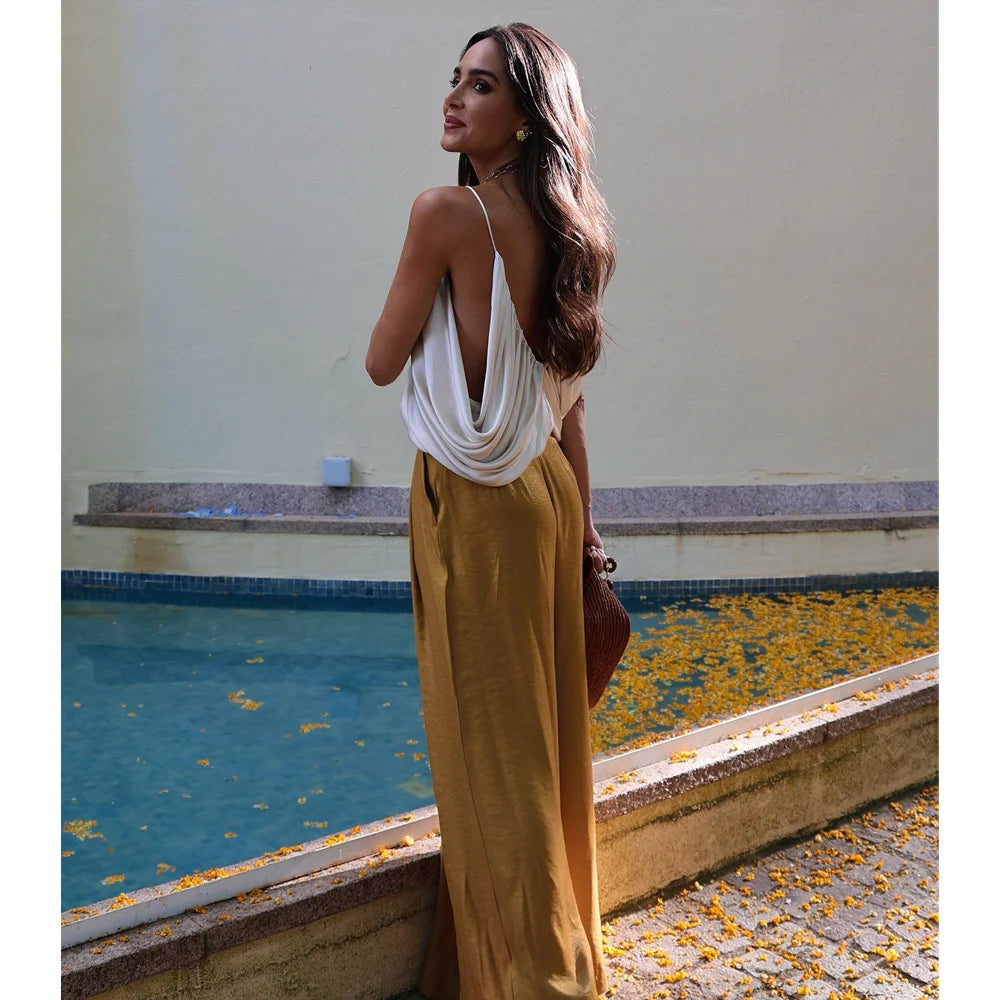 PB&ZA2025 Summer New Women's Solid Color Temperament Matching Belt Satin Textured Wide Leg Casual Pants