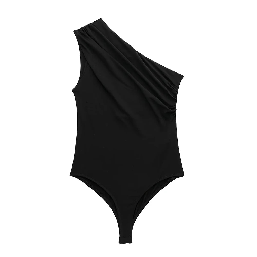 TRZA-Women's Ruched Asymmetric Bodysuits, One Shoulder, Wide Straps, Snap-Button, Female Playsuits, Sexy Fashion