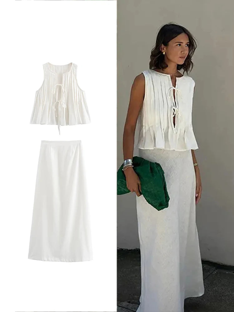 TRAF Women's Fashion Folded Ruffle Sleeveless Top Long Skirt Set Elegant White Lace Tie Blouse Chic High Waist Long Skirt Set