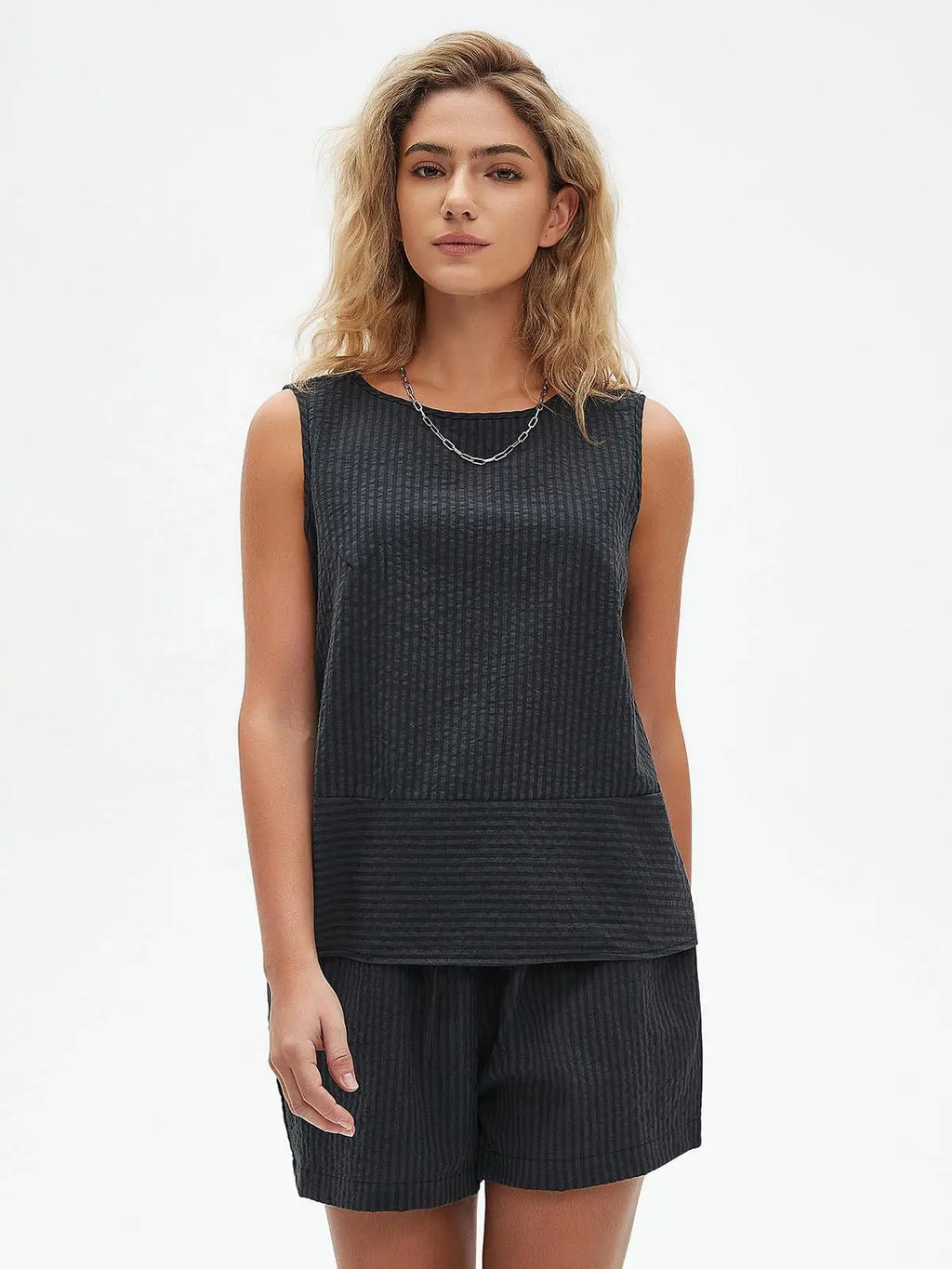 2025 New European and American Style Store Women's Summer 2-Piece Set Sleeveless Top and Shorts Striped Sports