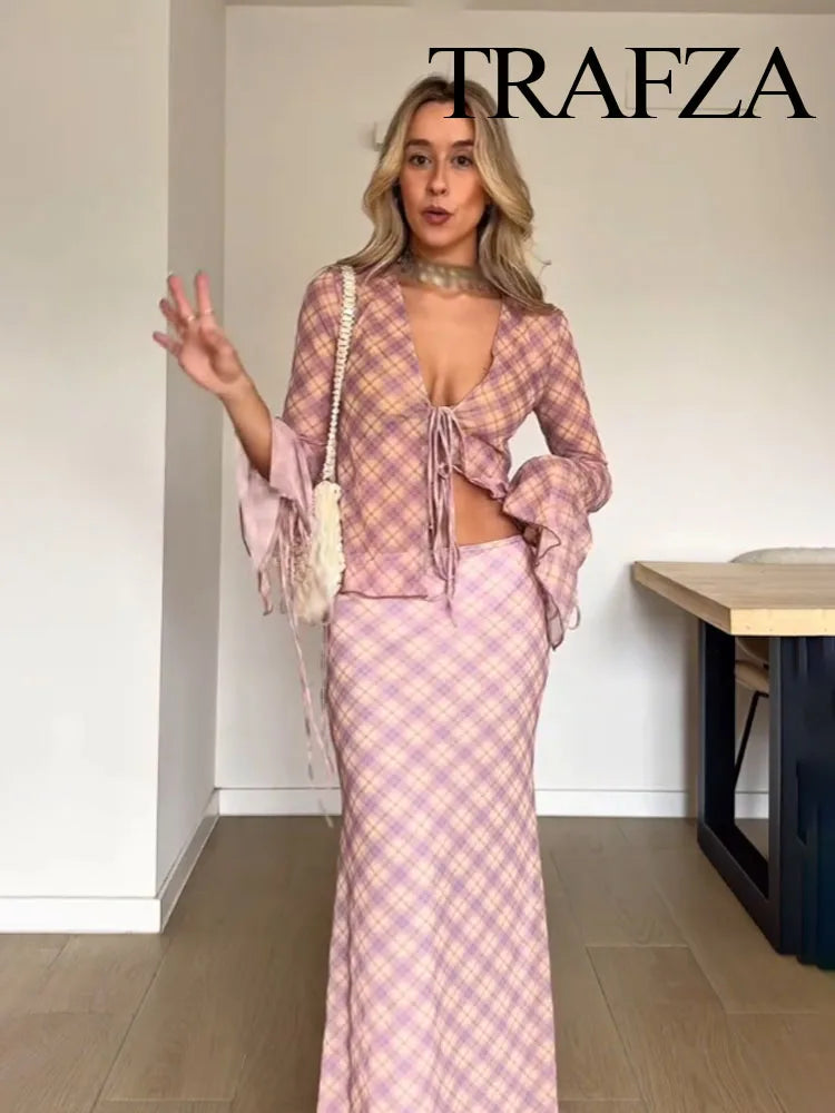 TRAFZA Women 2 Piece Set Chic Lace V-Neck Plaid Decorate Long Sleeves Shirt Top+Fashion Mid Waist Pull Rope Loose Long Skirt