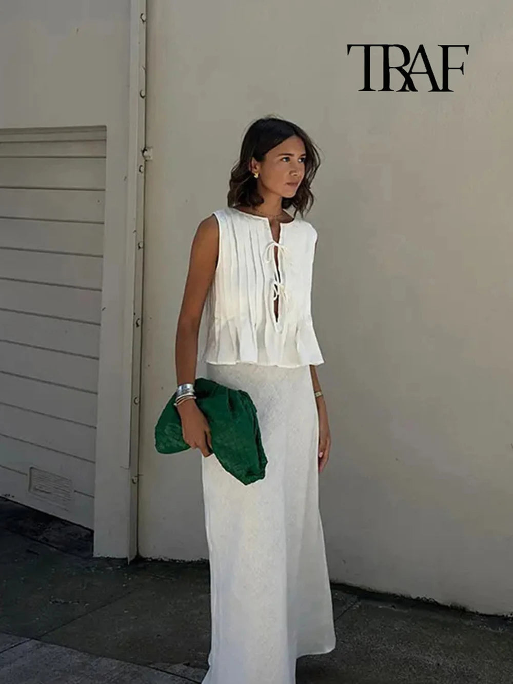 TRAF Women's Fashion Folded Ruffle Sleeveless Top Long Skirt Set Elegant White Lace Tie Blouse Chic High Waist Long Skirt Set