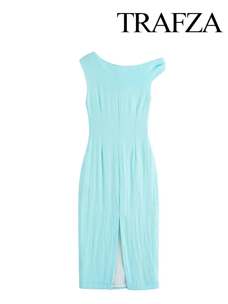 TRAFZA Woman's Summer Sexy Fashion Long Dress Solid Sleeveless Asymmetry Dresses Female Holiday Style Slit Slim Chic Dress