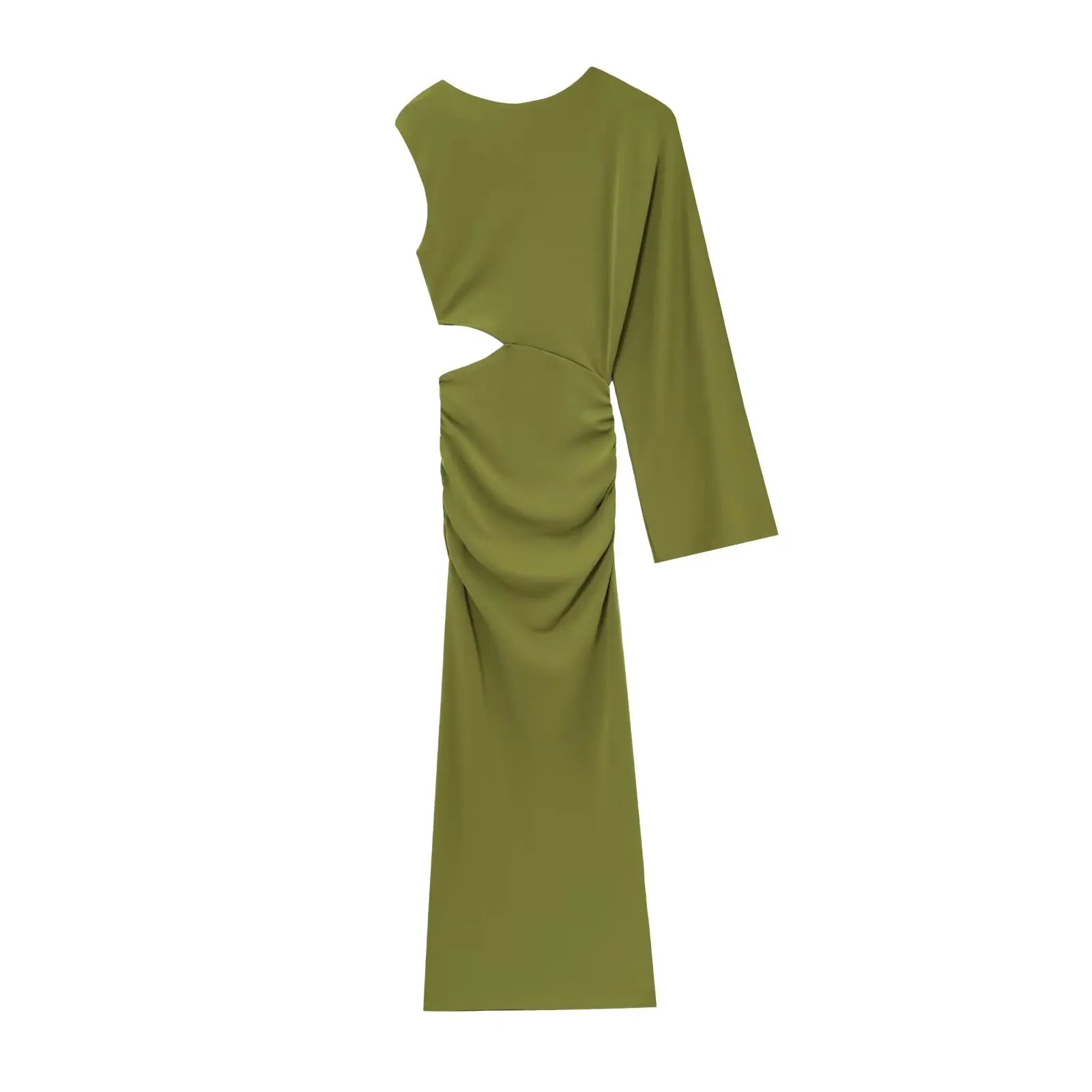 TRAFZA Female Summer Holiday Style Long Dress Green O-Neck Single-Shoulder Sleeve Hollow Out Waist Women's New Fashion Dresses
