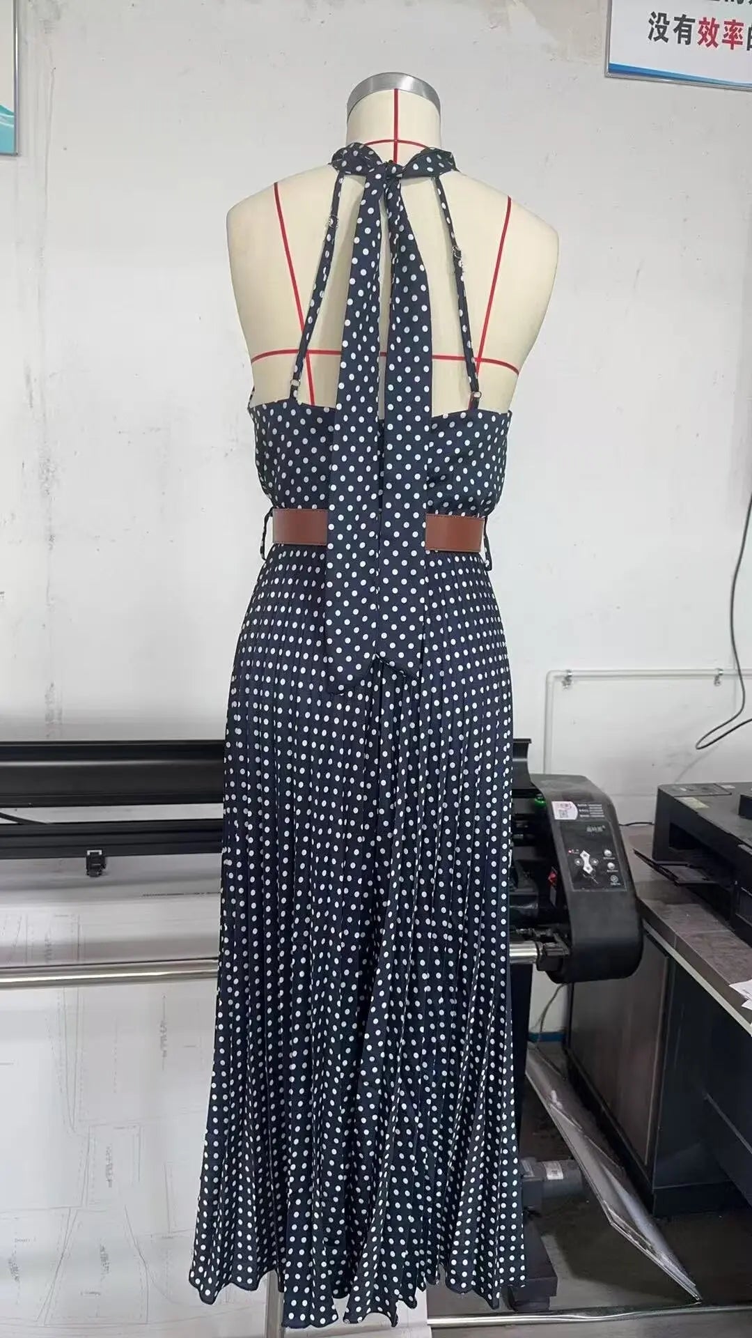 TRAF European and American style summer new fashion trend women's slim fit with belt polka dot halter neck midi dress
