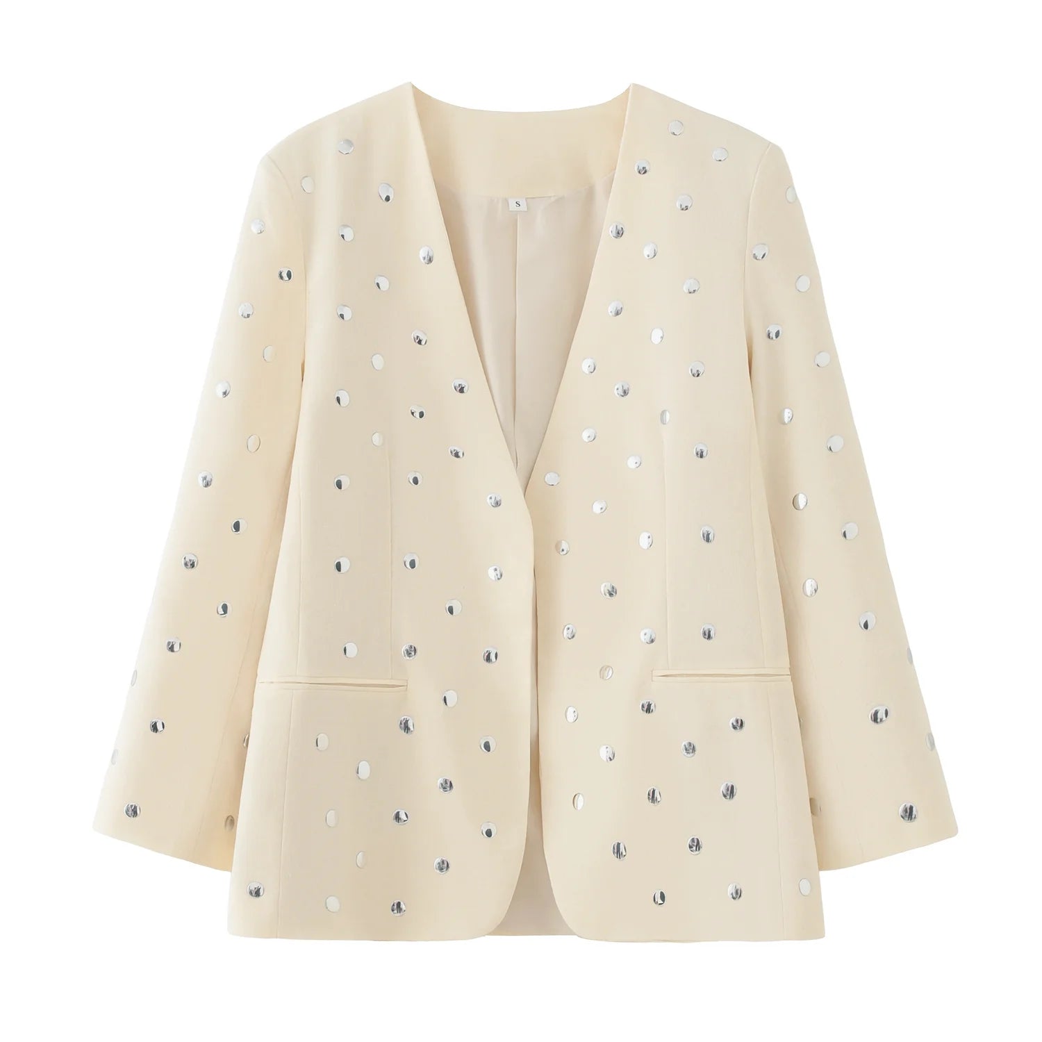 TRAFZA Women's Summer New Rivet Decorative V-neck No-button Casual Suit Jacket Female Temperature Sequin Suit Long Sleeve Jacket
