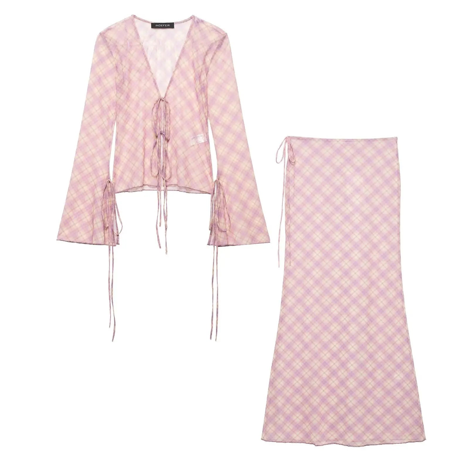 TRAFZA Women 2 Piece Set Chic Lace V-Neck Plaid Decorate Long Sleeves Shirt Top+Fashion Mid Waist Pull Rope Loose Long Skirt