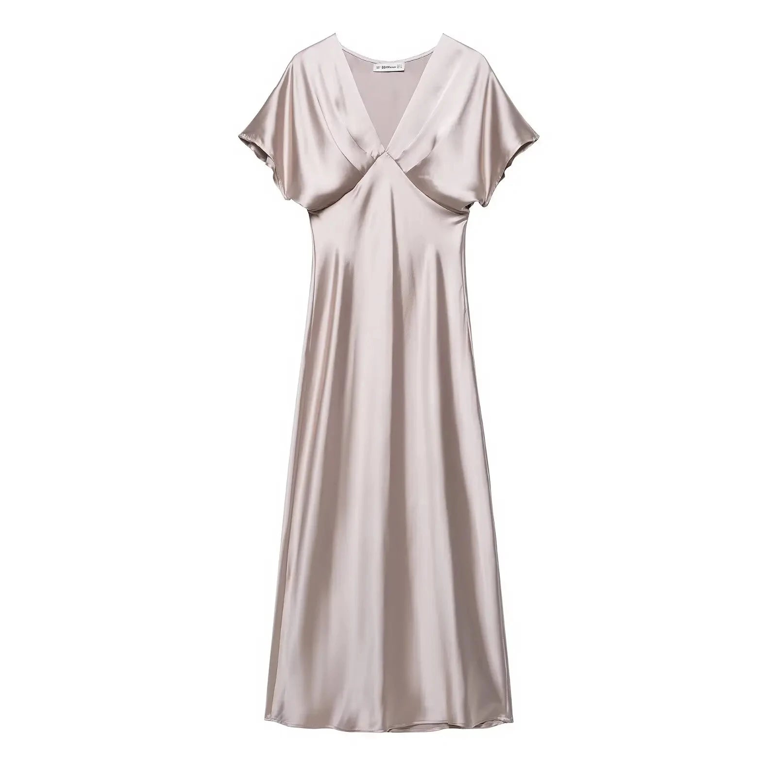 TRAFZA Summer Causal Silk Satin Texture Dresses For Women Pleated Short Sleeves Vintage V-neck Summer Pajama Style Midi Dresses
