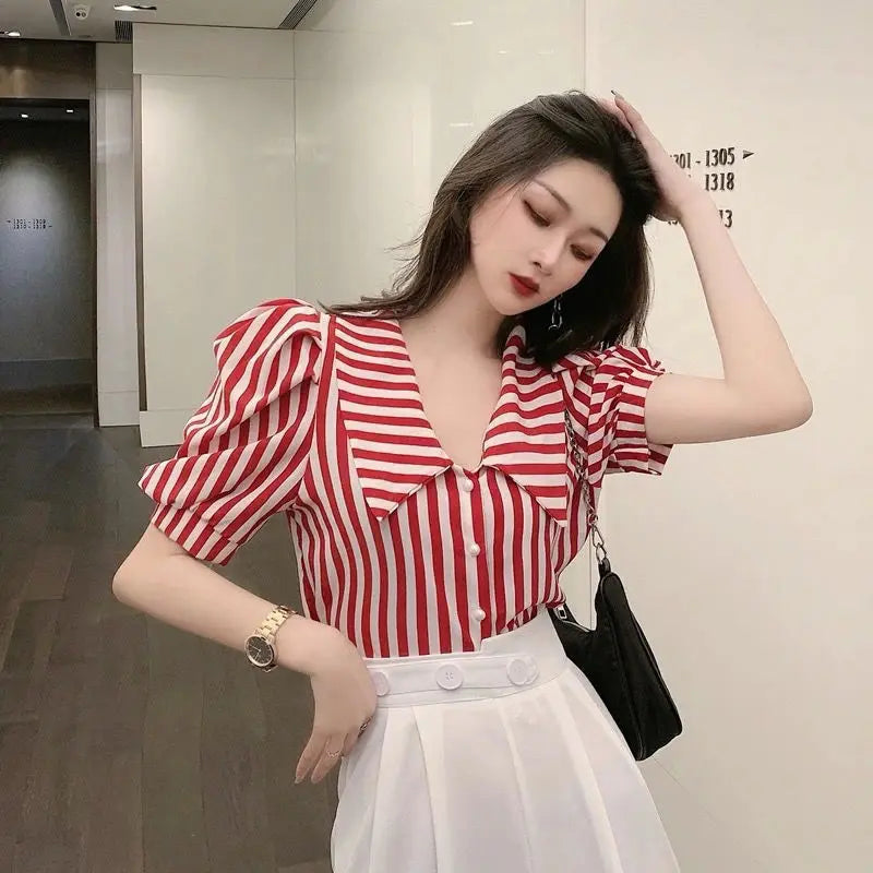 Striped Shirts Women Vintage Elegant Puff Sleeve Summer Office Lady Temper Camisas European Ins Y2k Clothes Designer High Street