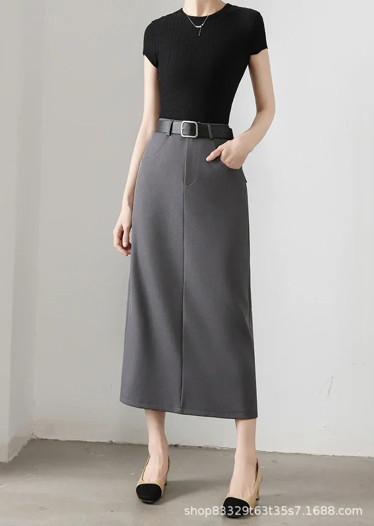 High Waist A- Line Long Skirt for Women in Black And Grey Suiting Spring Autumn Straight Cut Wrap around Skirt Polyester Fiber