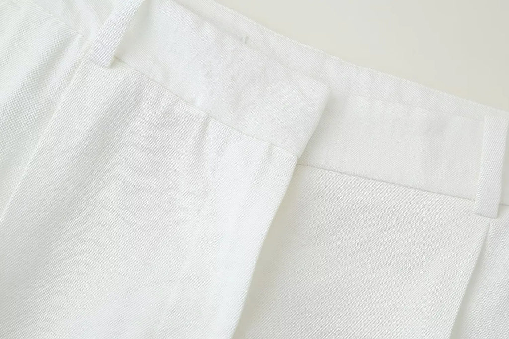 TRAFZA Women Pants Suit White Hanging Neck Collar Knot Decoration Top+Chic High Waist Side Pocket Zipper Pleated Wide-Leg Pants