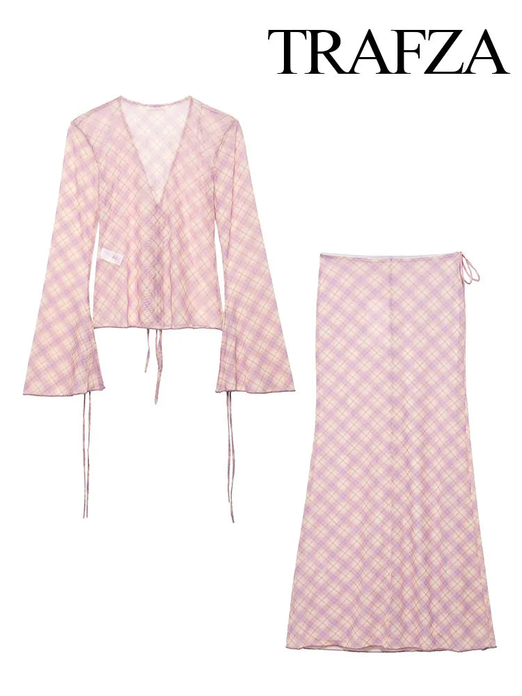 TRAFZA Women 2 Piece Set Chic Lace V-Neck Plaid Decorate Long Sleeves Shirt Top+Fashion Mid Waist Pull Rope Loose Long Skirt