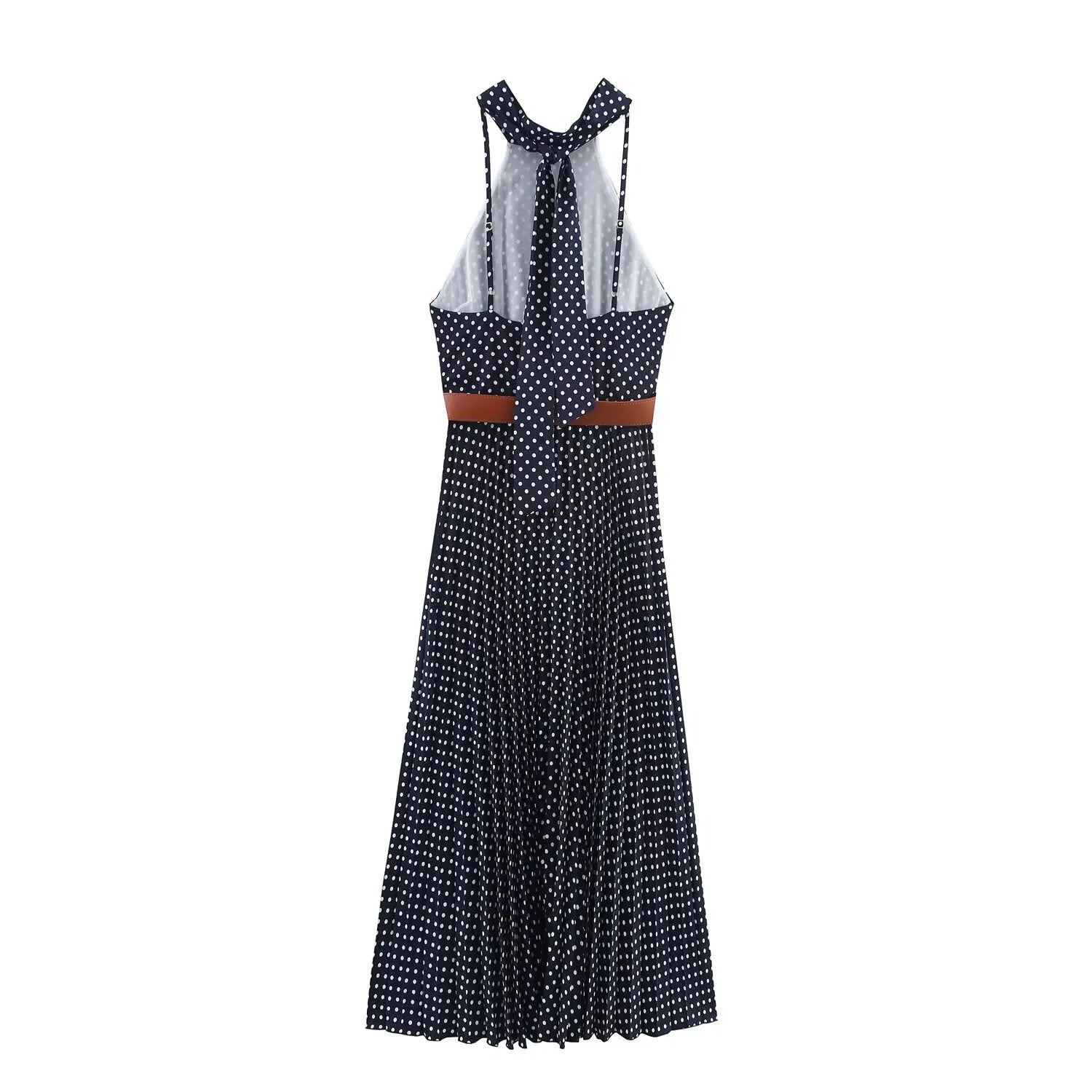 TRAF European and American style summer new fashion trend women's slim fit with belt polka dot halter neck midi dress