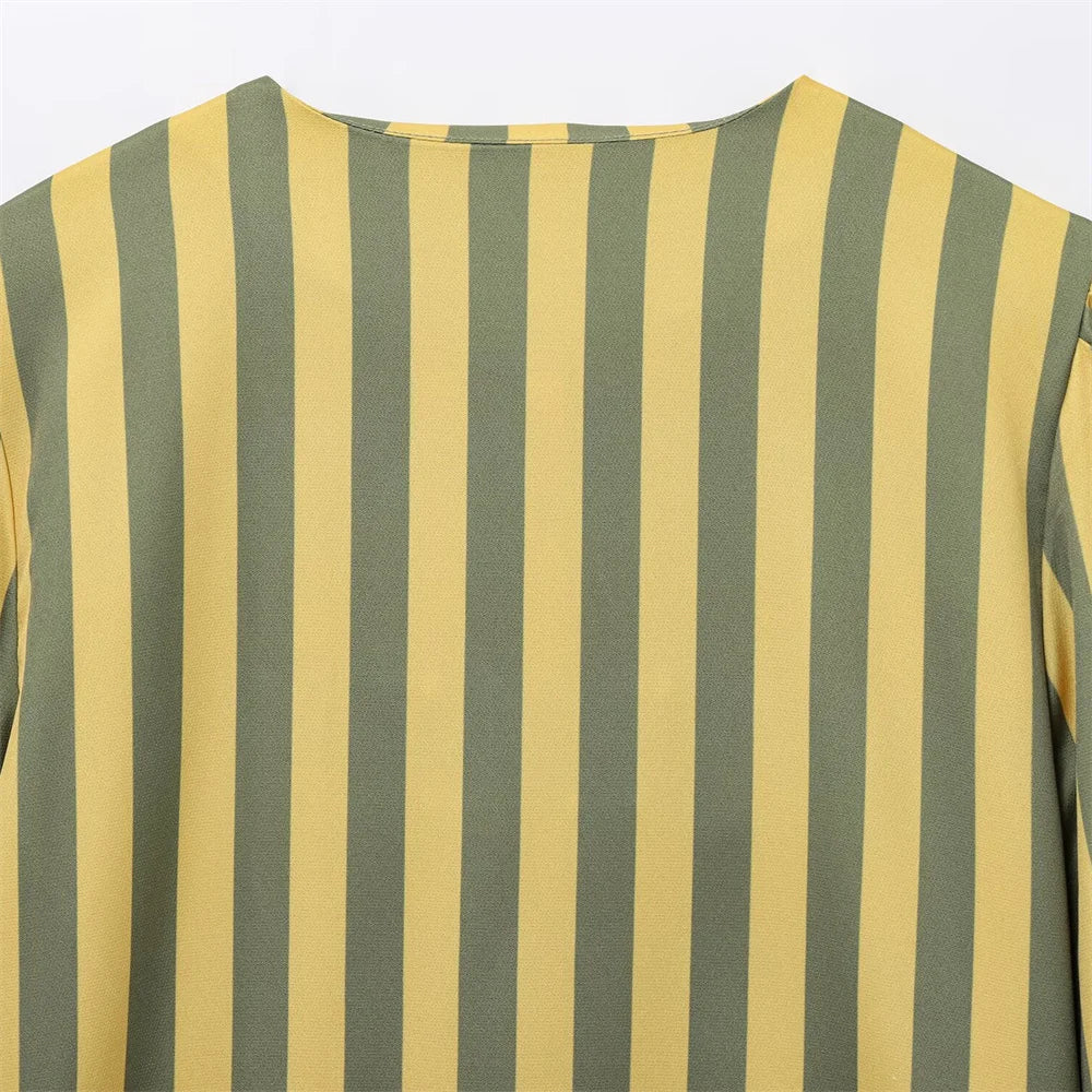 UNIZERA women's striped bubble sleeve top with round neck buckle decoration shirt for spring and summer casual women's wear