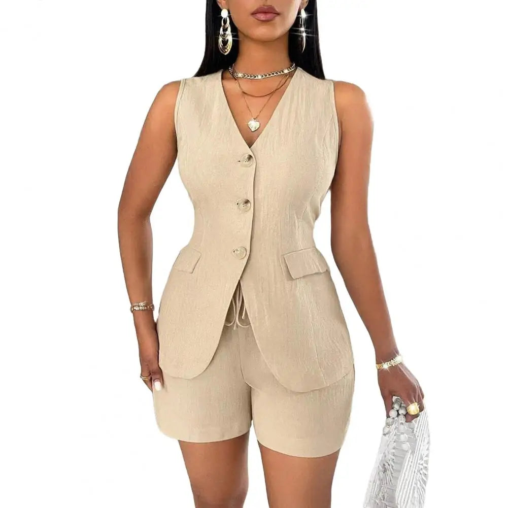 Women's Summer 2 Piece Outfits Sleeveless V Neck Button Down Vest Top Lace-up Shorts Set Casual Office Lady Business Suit