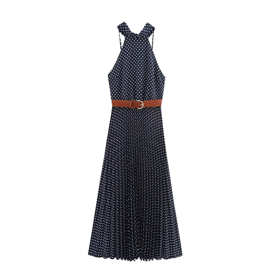 TRAF European and American style summer new fashion trend women's slim fit with belt polka dot halter neck midi dress
