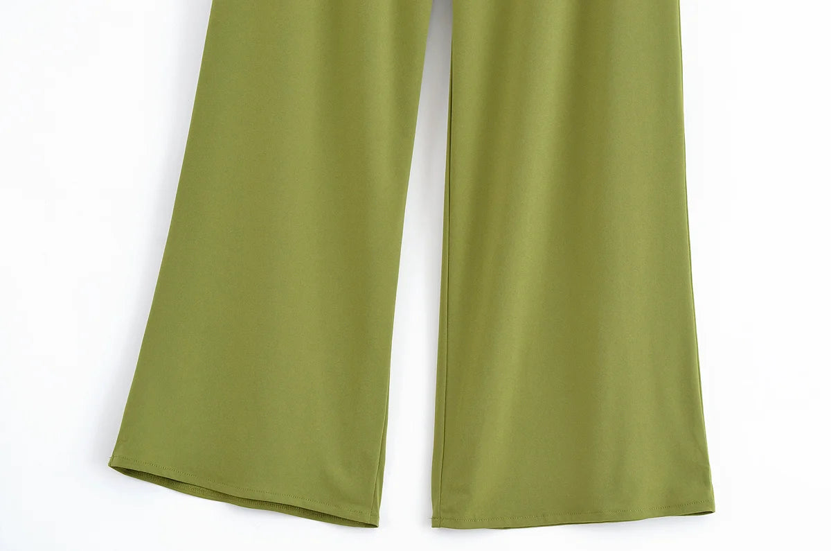 TRAFZA Women's Fashion Solid Pants Suit Backless Design With Pleated Asymmetric Sling Top Elastic Waist Wide-Leg Pants Set